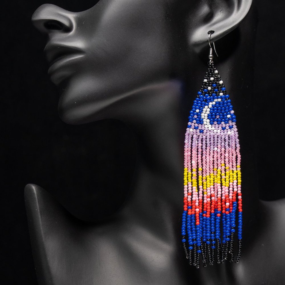 Desert Night Seed Bead Tassel Fringe Loom Woven Earrings